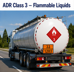 ADR Sınıf 3 tehlike levhalarıyla yanıcı sıvı taşıyan yakıt tankeri