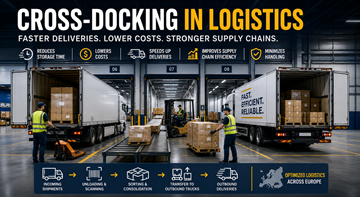 Modern Avrupa lojistik merkezinde malların yüklendiği ve boşaltıldığı kamyonlarla cross-docking deposu