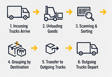 Gelen ve giden lojistik kamyonlarıyla cross-docking iş akışı