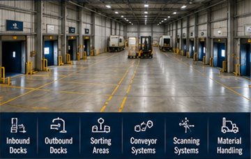 Yükleme rampaları, kamyonlar ve ayrıştırma operasyonları bulunan cross-docking terminali