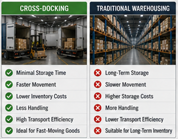 Cross-docking operasyonları ile geleneksel depo depolaması arasındaki karşılaştırma