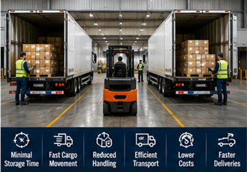 Paletlerin kamyonlar arasında doğrudan aktarıldığı cross-docking deposu