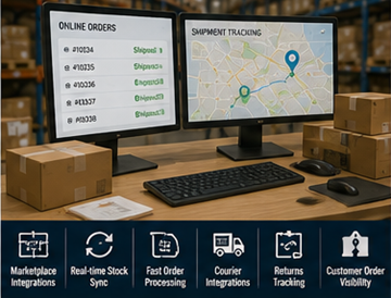 Online sipariş hazırlama için depo yönetim sistemi kullanan e-ticaret deposu