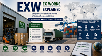Küresel ticarette EXW Ex Works sevkiyat şartlarını açıklayan uluslararası taşımacılık ve depo lojistiği operasyonları