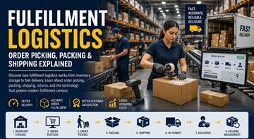 Online siparişleri paketleyen ve sevkiyatları hazırlayan çalışanların bulunduğu modern fulfillment lojistiği deposu