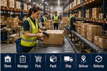 Fulfillment lojistiği operasyonlarını ve online siparişleri işleyen depo çalışanları