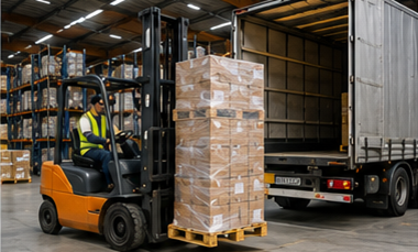 Forklift, depoda yükleme, palet sarımı ve navlun kamyonu teslimatıyla palet taşımacılığı süreci