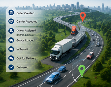 GPS ile kamyon takibi, dijital taşıma sistemleri ve gönderi güncellemelerini gösteren modern lojistik takip süreci