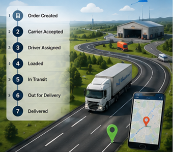 Sevkiyat takibi, GPS rotaları ve taşıma durum güncellemelerini gösteren dijital lojistik süreci