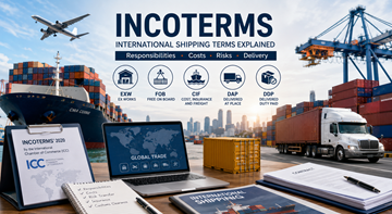 Küresel ticaret için Incoterms’i açıklayan lojistik profesyonelleri ile konteynerli uluslararası yük taşımacılığı, kamyonlar ve gemiler