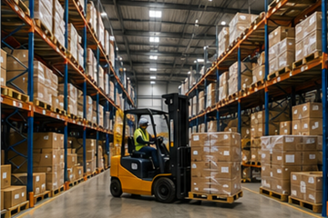 Depolama rafları, forkliftler ve paletlerin bulunduğu büyük lojistik deposu