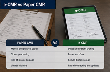 Modern lojistik dönüşümünü gösteren, kâğıt CMR belgesi ile tabletteki dijital e-CMR’nin karşılaştırması