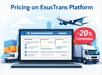 Ekspres, sabit ve dağıtım taşıma seçeneklerini ve %20 komisyon sistemini gösteren ExusTrans fiyatlandırma platformu kontrol paneli