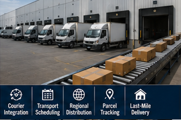 Fulfillment deposundan sevkiyat yükleyen teslimat kamyonları