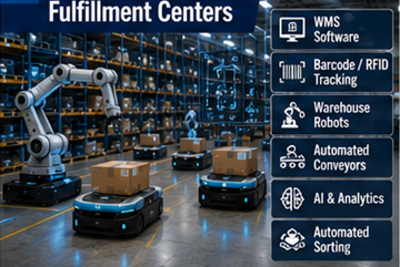 Robotik, depo yazılımı ve AI lojistik sistemleri kullanan otomatik fulfillment merkezi