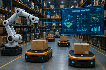 Robotik otomasyon ve dijital envanter sistemlerine sahip akıllı depo
