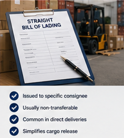 Doğrudan yük teslimatı için kullanılan Straight Bill of Lading belgesi