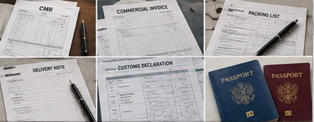 Lojistik operasyonları için fatura, CMR, gümrük formları ve navlun evrakları dahil taşıma belgeleri