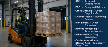 Modern lojistik deposunun içinde paletleri yükleyen forklift ve yük elleçleme operasyonları