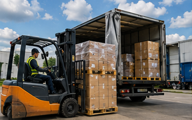 İstiflenmiş paletler, forkliftler, lojistik kamyonlar ve depo içi yük operasyonlarıyla palet taşımacılığı